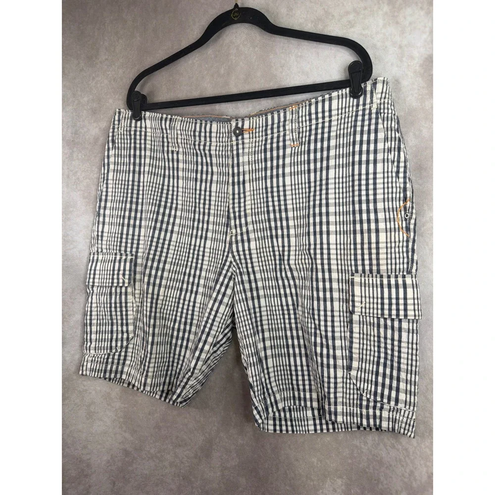 Tommy Bahama Cargo Shorts Mens 38 Navy White Plaid Cotton Tencel Casual Preppy